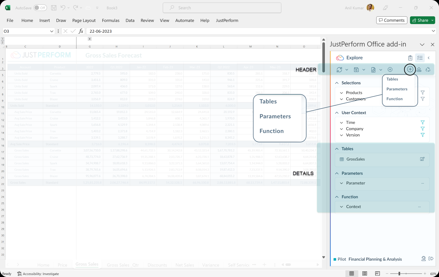 Details in the Explore pane of the JustPerform Excel Add-in