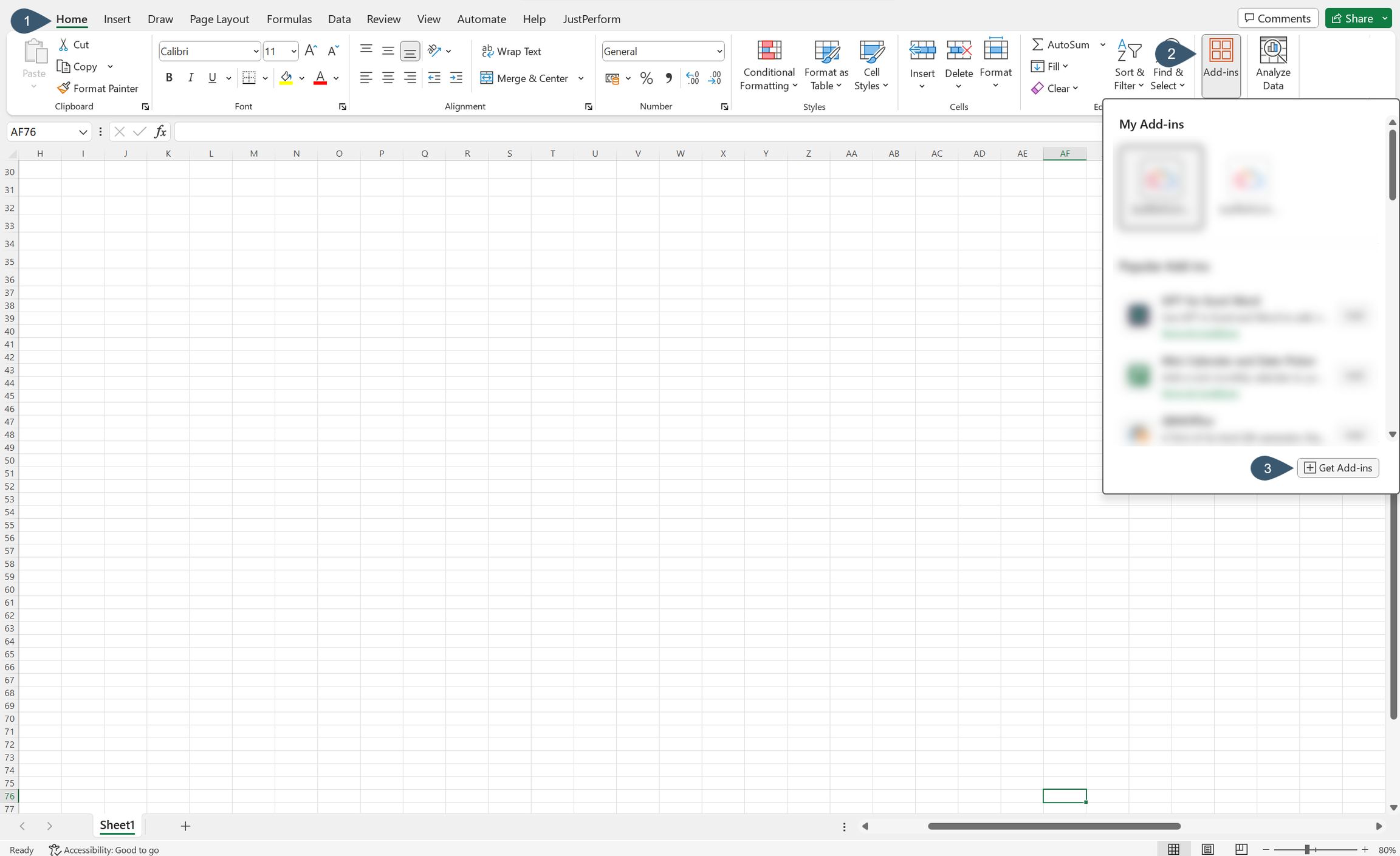Image about getting the JustPerform Excel add-in