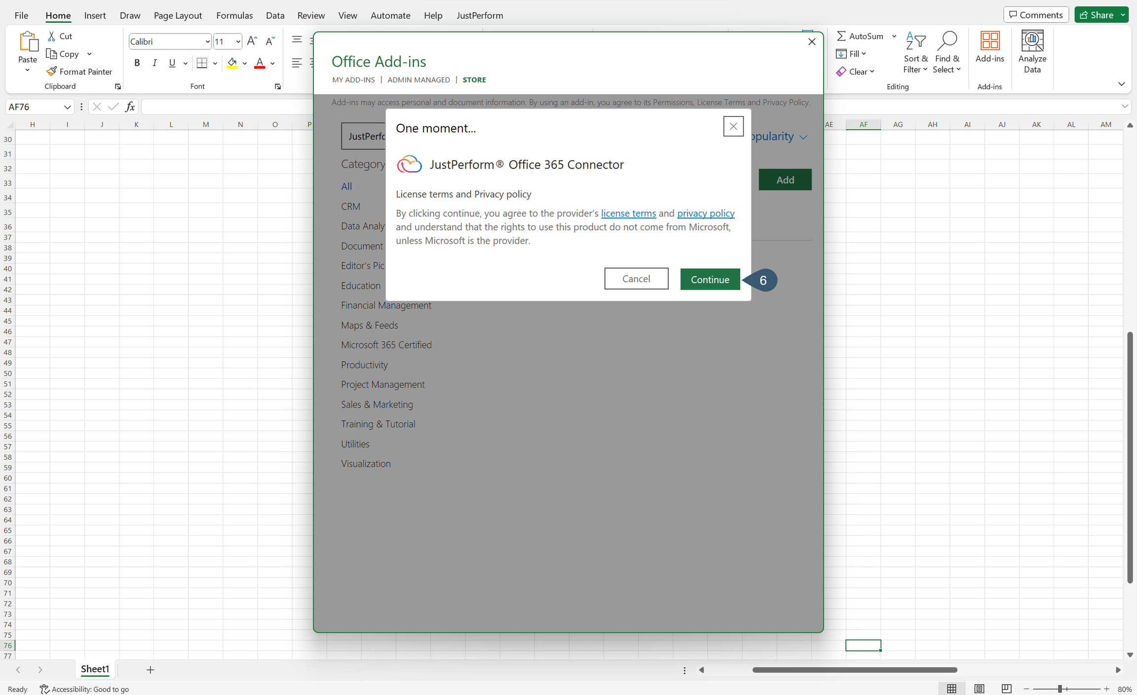 Step of adding the JustPerform Excel add-in