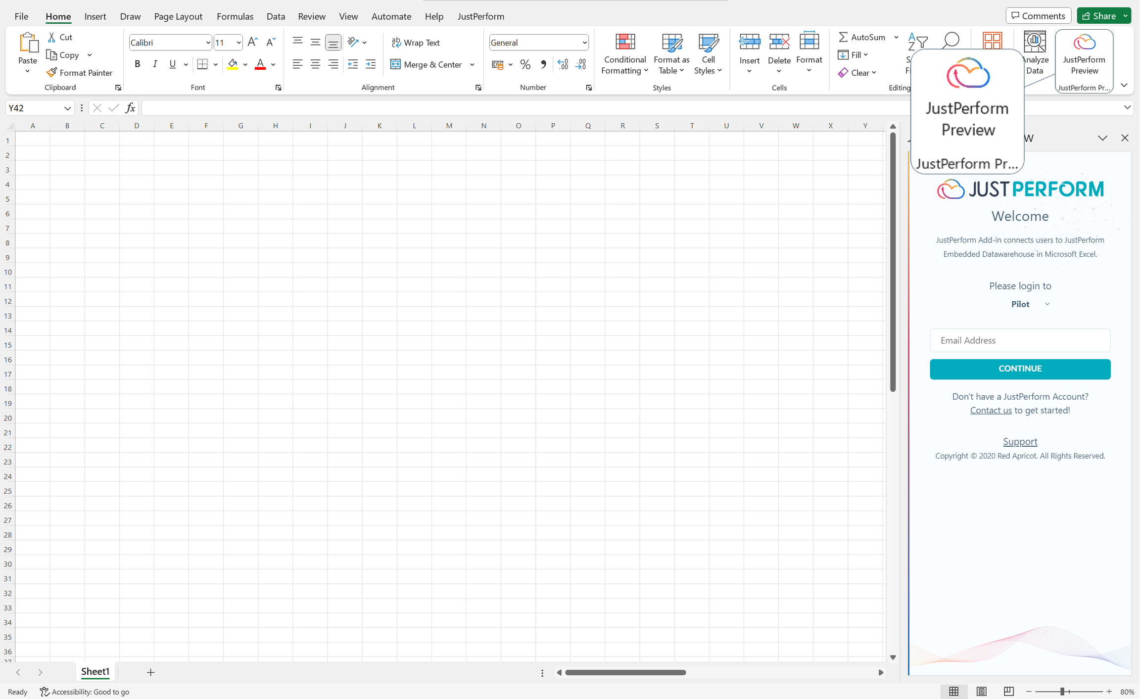 Image of logging in to JustPerform Excel