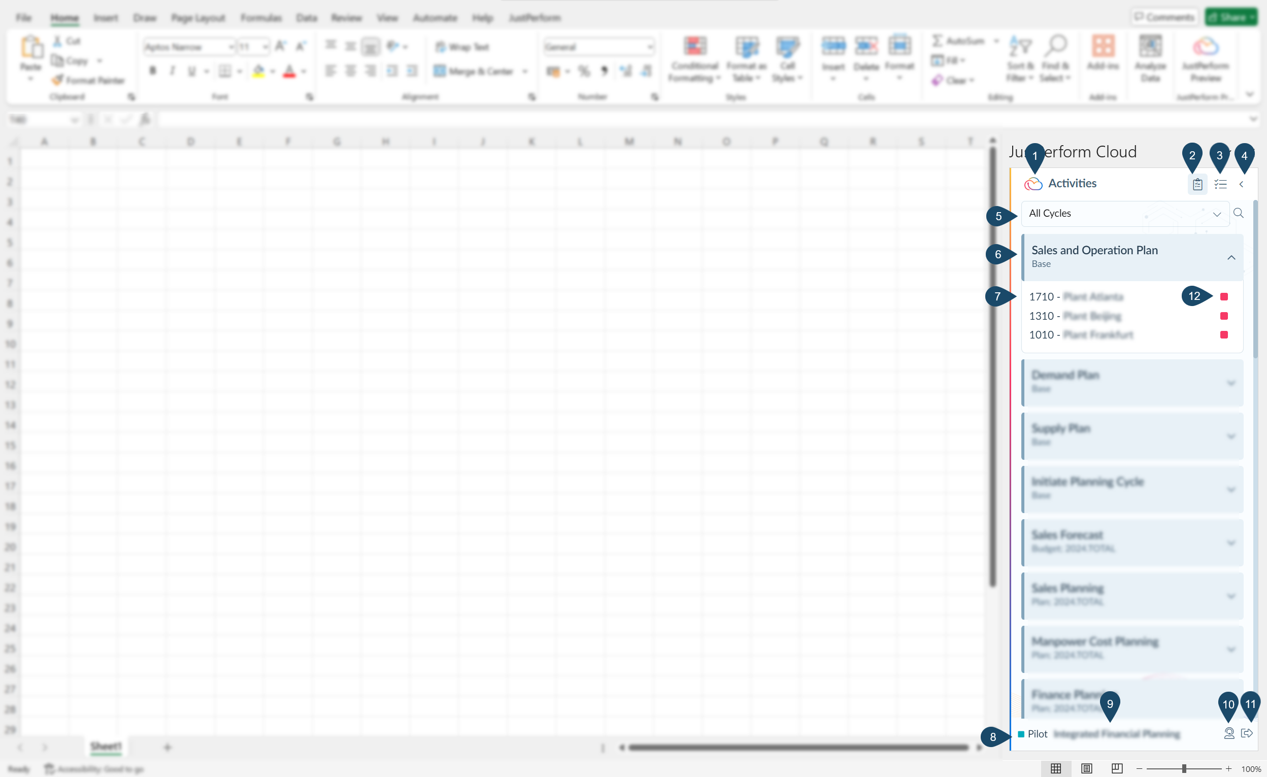Home pane of the JustPerform Excel Add-in