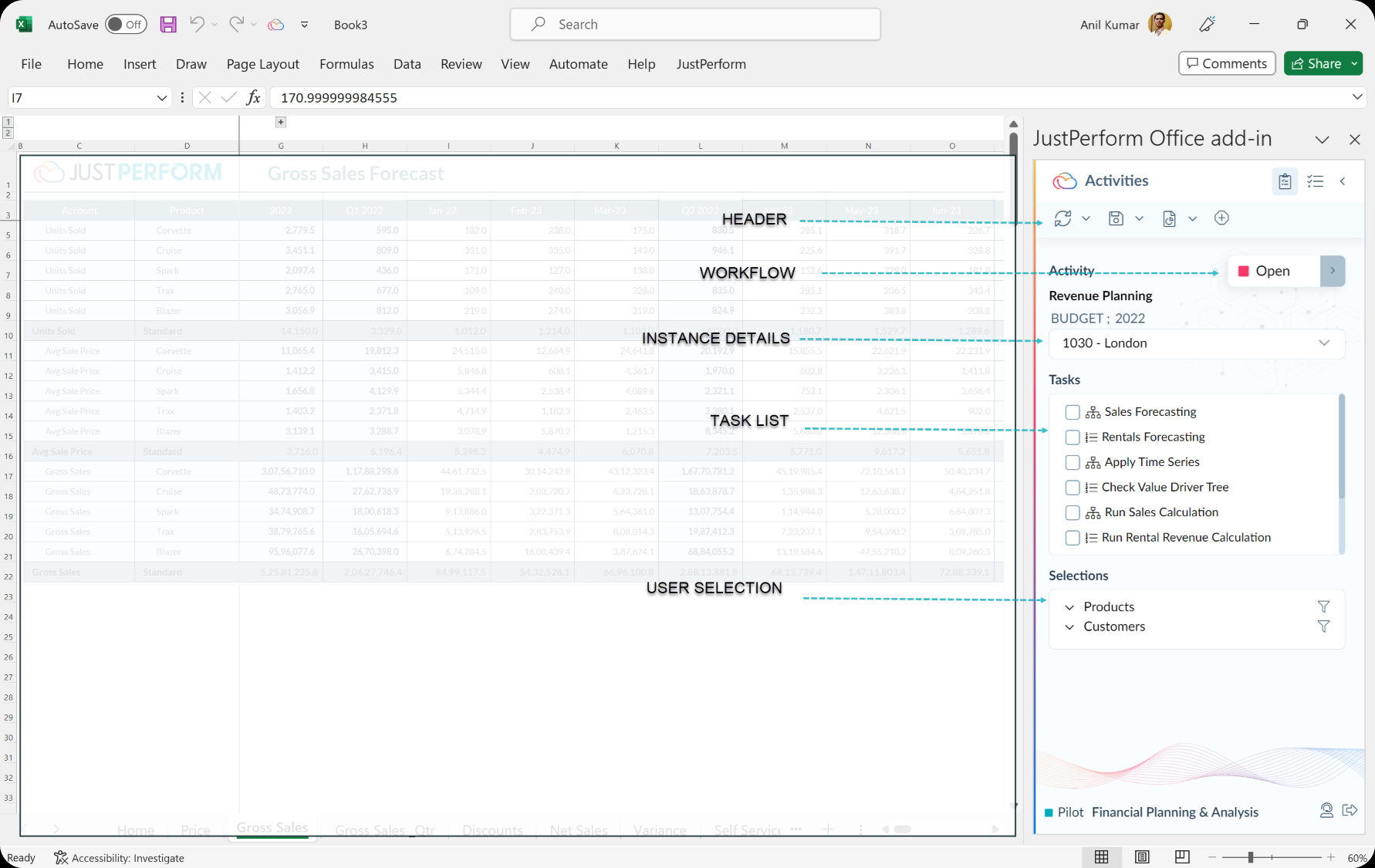 Activities pane of the JustPerform Excel Add-in