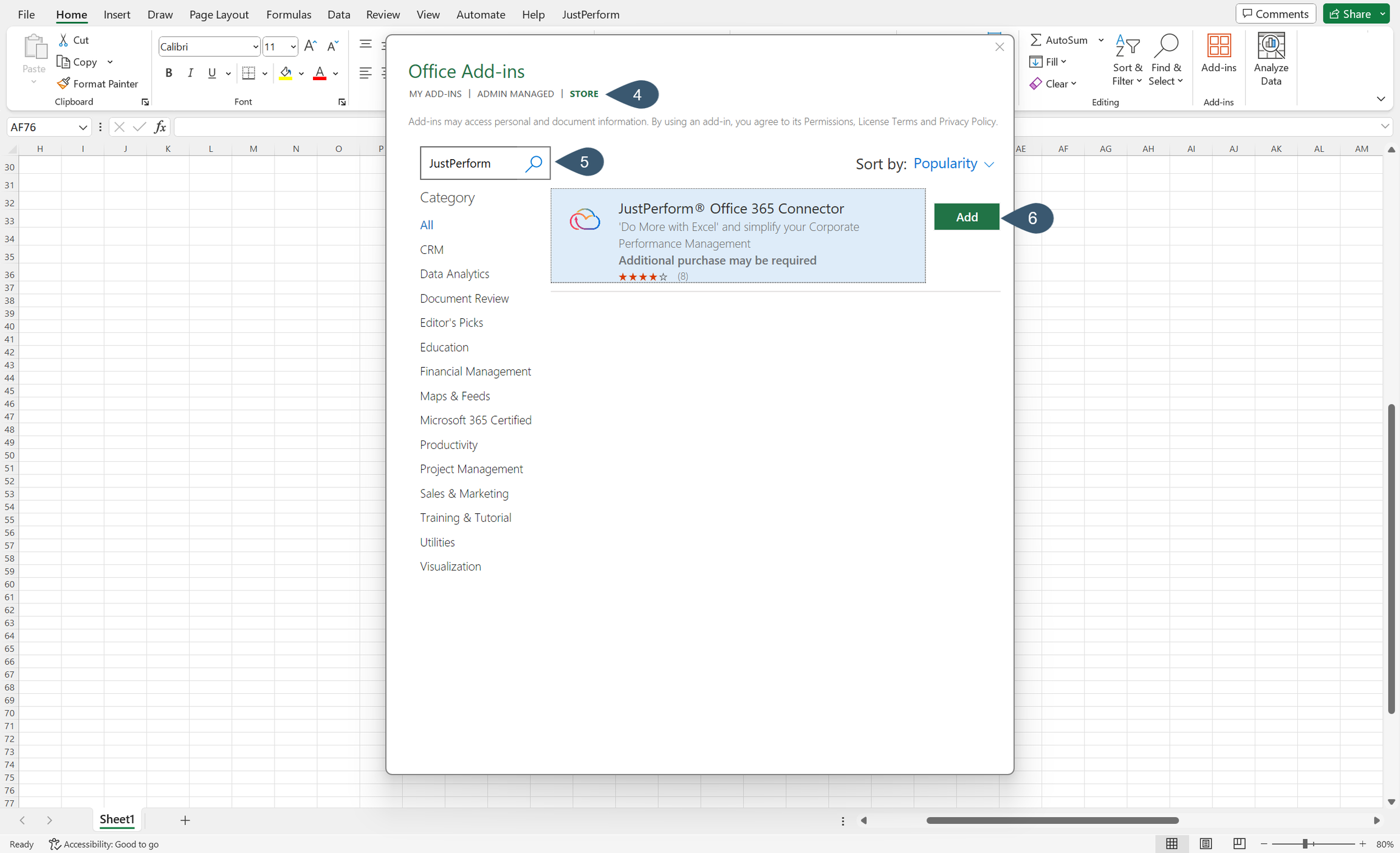Step of adding the JustPerform Excel add-in