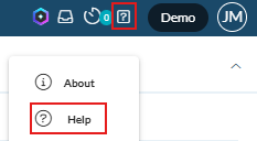 Image of the Help icon within the product name and version here platform