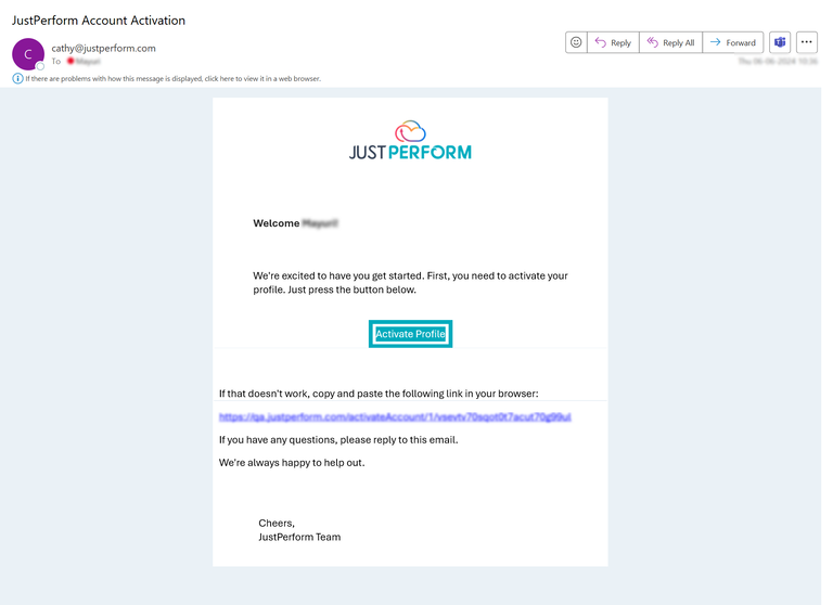 Image of a sample email to activate your account