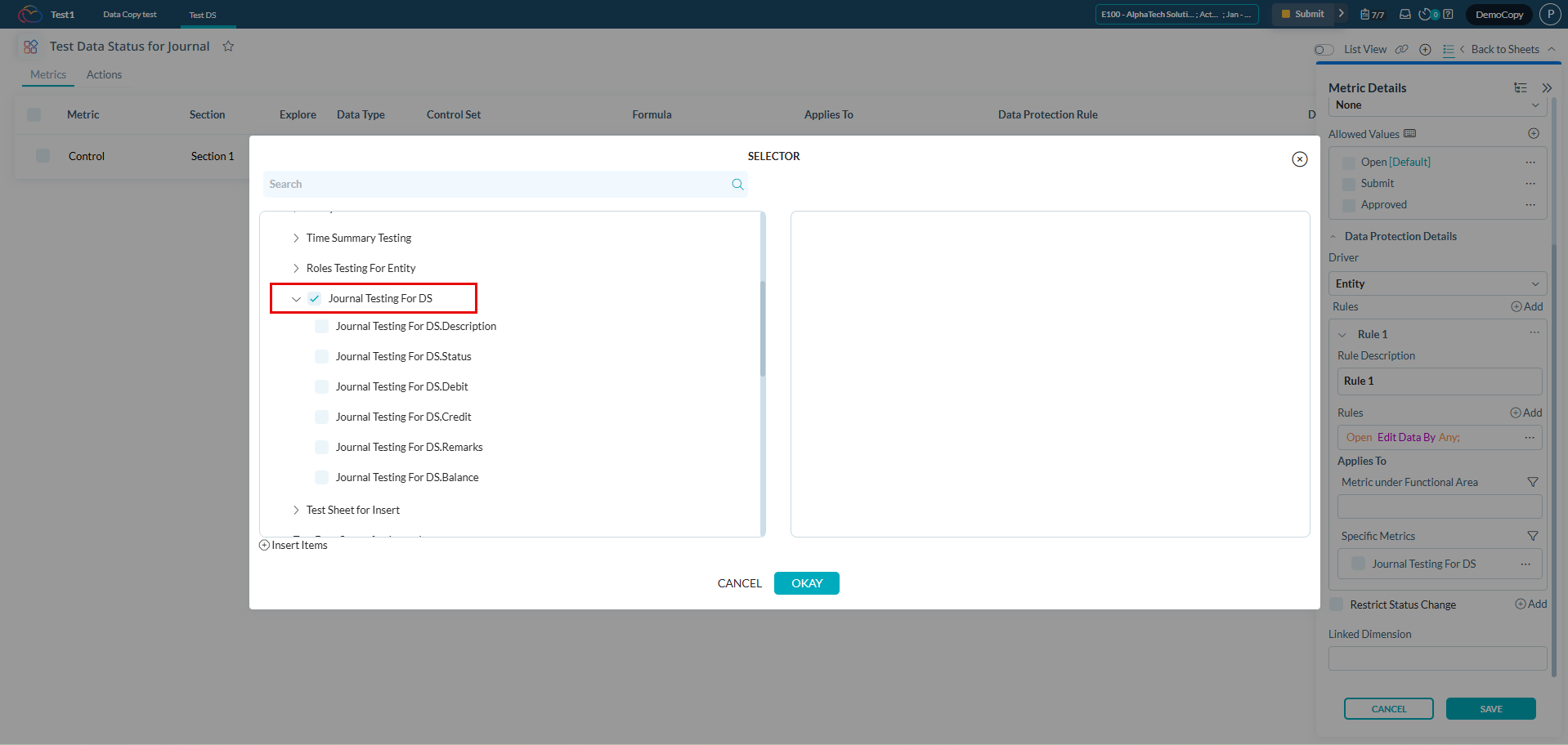 Whole Journal Selection for Sheet-Level Data Status