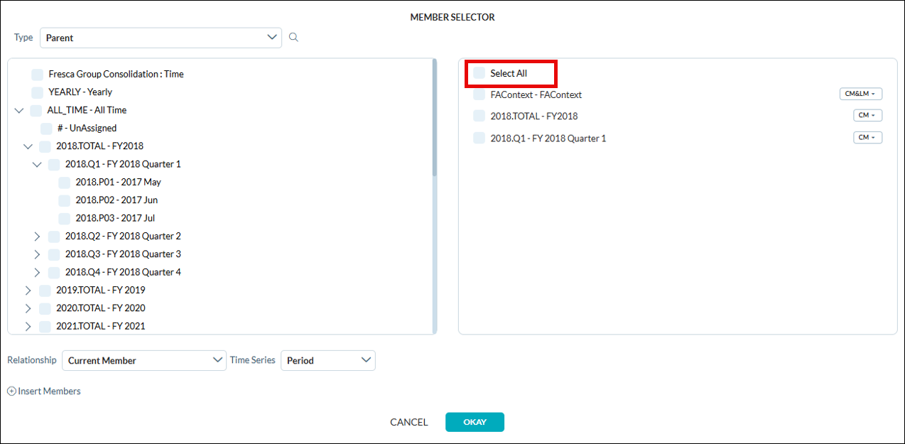 Select All checkbox in the Member Selector dialog