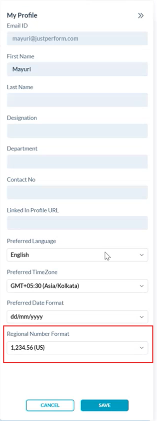 Option Regional Number Format in My Profile