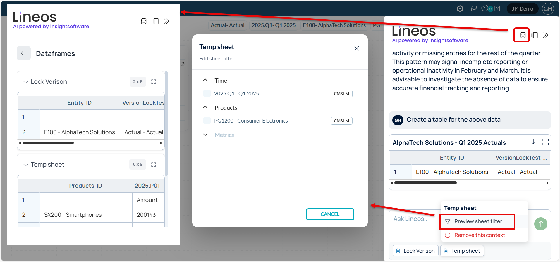 Data Contexts and Data Frames in Lineos