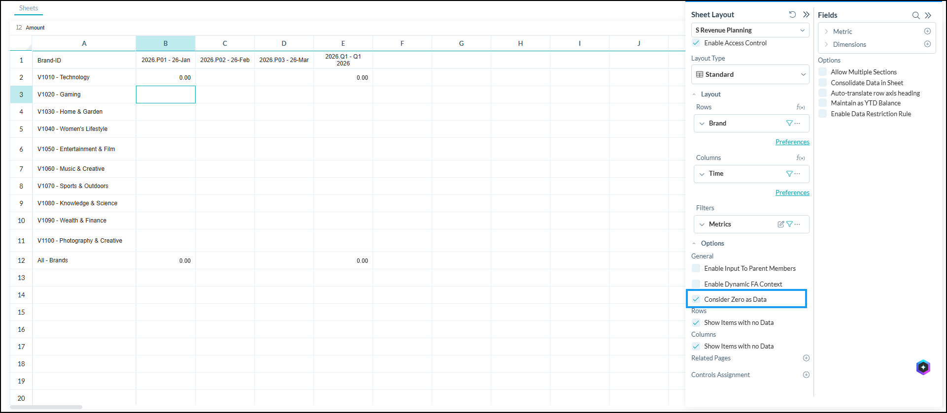 The Consider Zero as Data checkbox in the Sheet Layout panel
