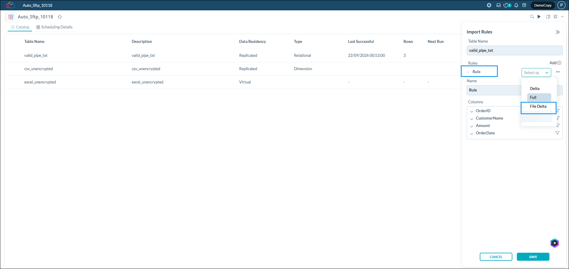 File Delta option in the Rule dropdown in the Import Rules panel
